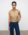 The Nhonha Vest, front view in gold floral silk with mandarin collar