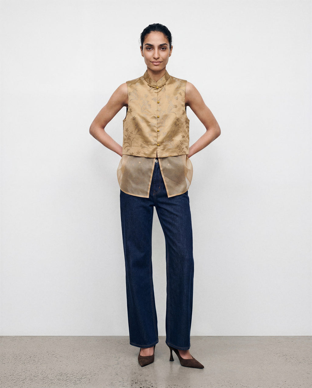 The Nhonha Vest, full-length view with detachable sheer layer