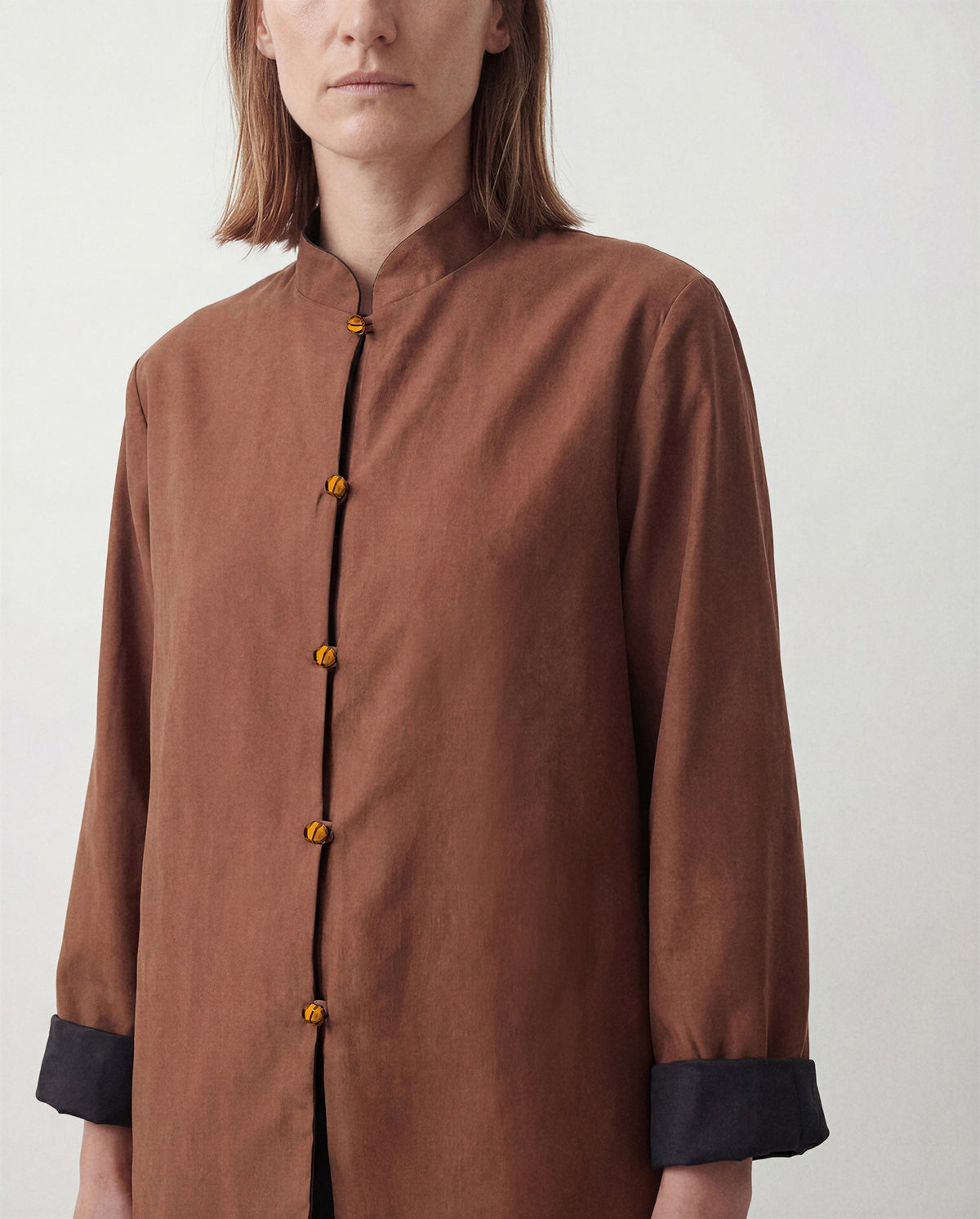 The Scholar Jacket, brown reverse, detail view