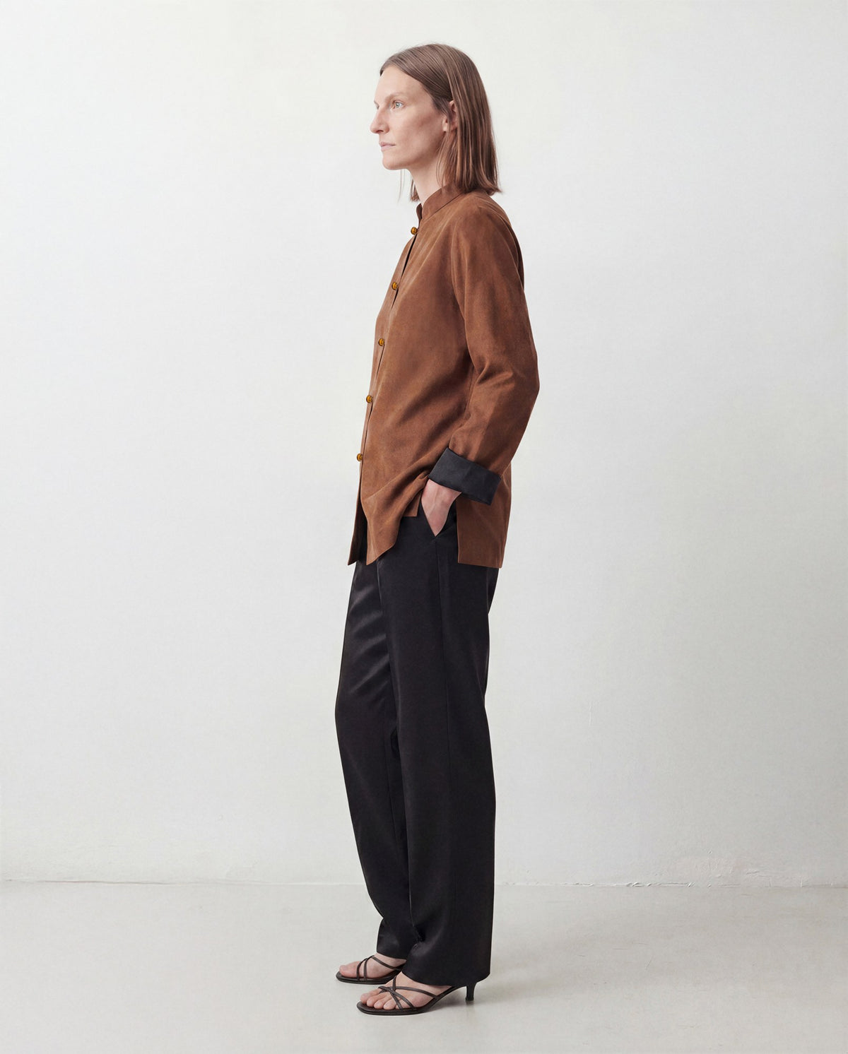 The Scholar Jacket, brown reverse, side view